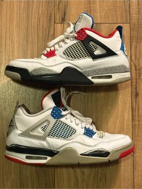 Jordan 4 White Sneakers with Red, Blue and Black Accents